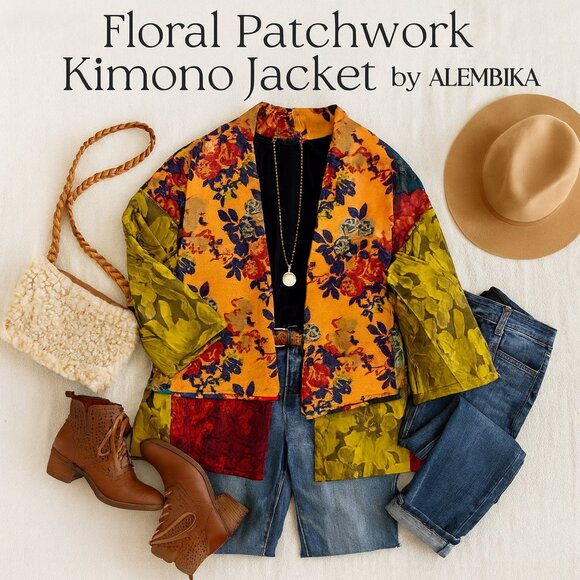 Alembika Floral Patchwork Kimono Jacket Brocade Jacquard Art to Wear Boho Luxe M - Picture 1 of 13